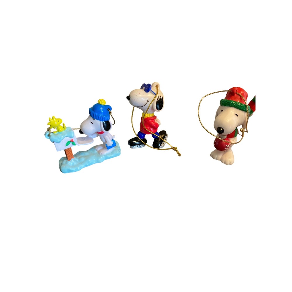 Vintage Peanuts Snoopy Christmas Ornaments Set of 3 Ice Skating Mailbox Santa